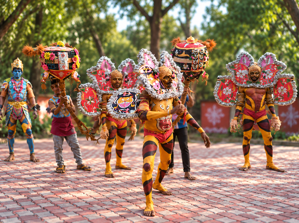 Performers in tiger body paint and decorated headgear dancing outdoors