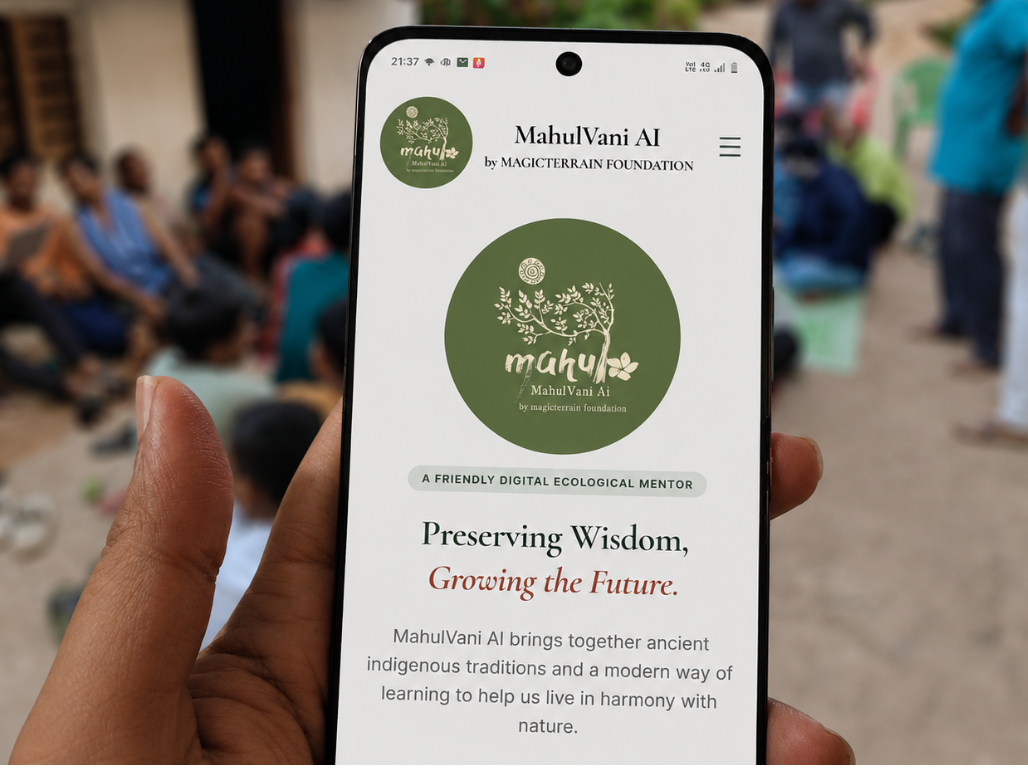 MahulVani AI open on a phone during a village gathering