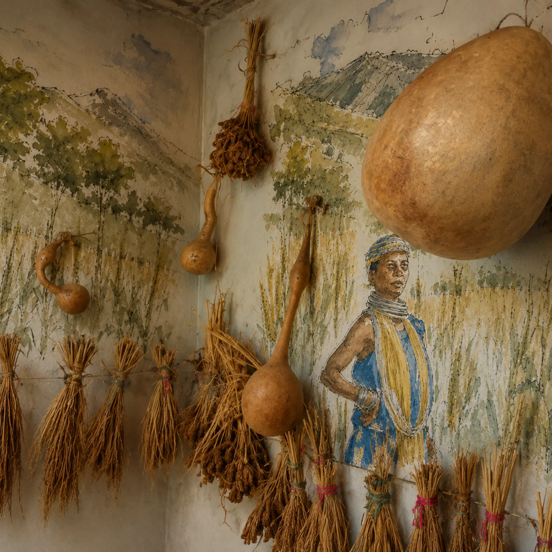 Seed gourds and dried millet bundles hung on a painted mural wall at the centre