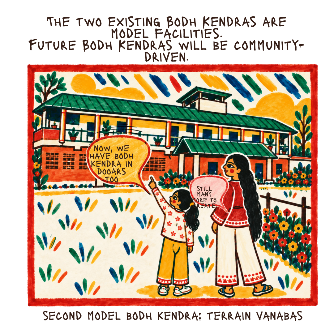 Comic panel: the second model Bodh Kendra at Terrain Vanabas in the Dooars, with the note that future Bodh Kendras will be community-driven.