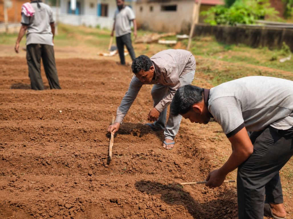 Men preparing raised soil beds for a nutritional garden