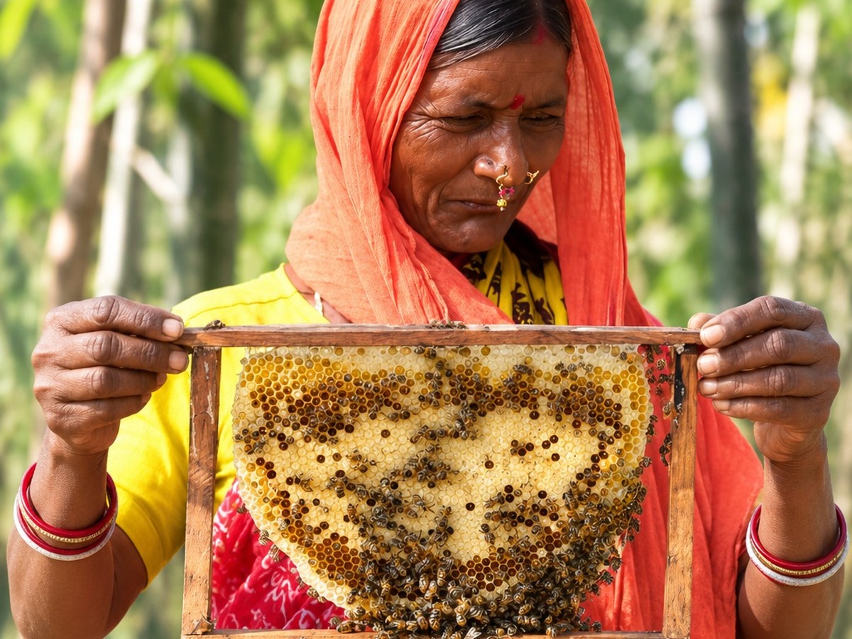 A beekeeper holding up a honeycomb frame covered with bees in the Dooars