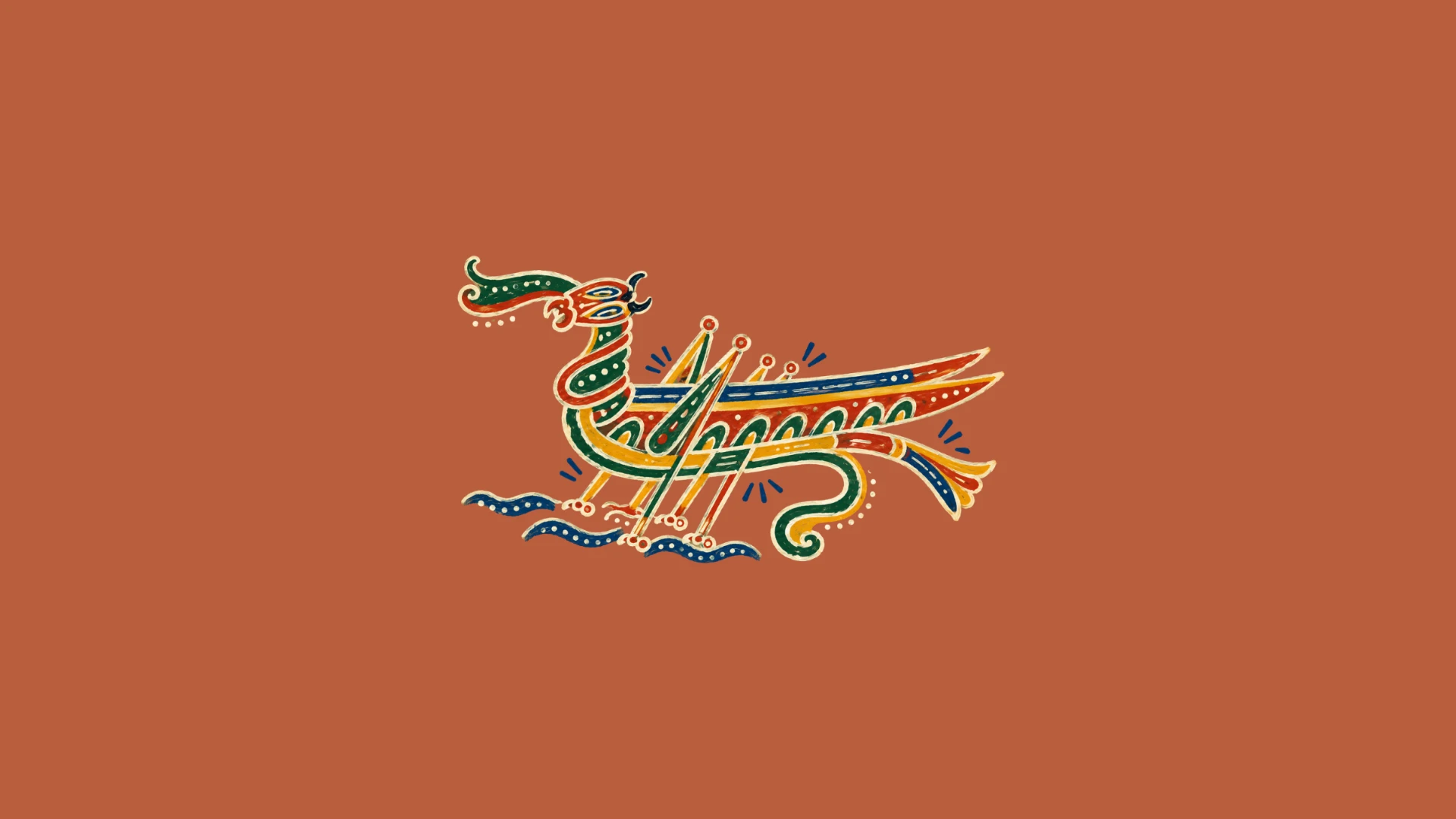 Folk illustration of a decorated boat with a bird prow sailing over blue waves.
