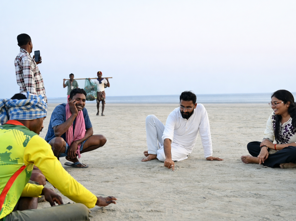 Facilitator sitting with fishermen on a beach during a coastal learning session