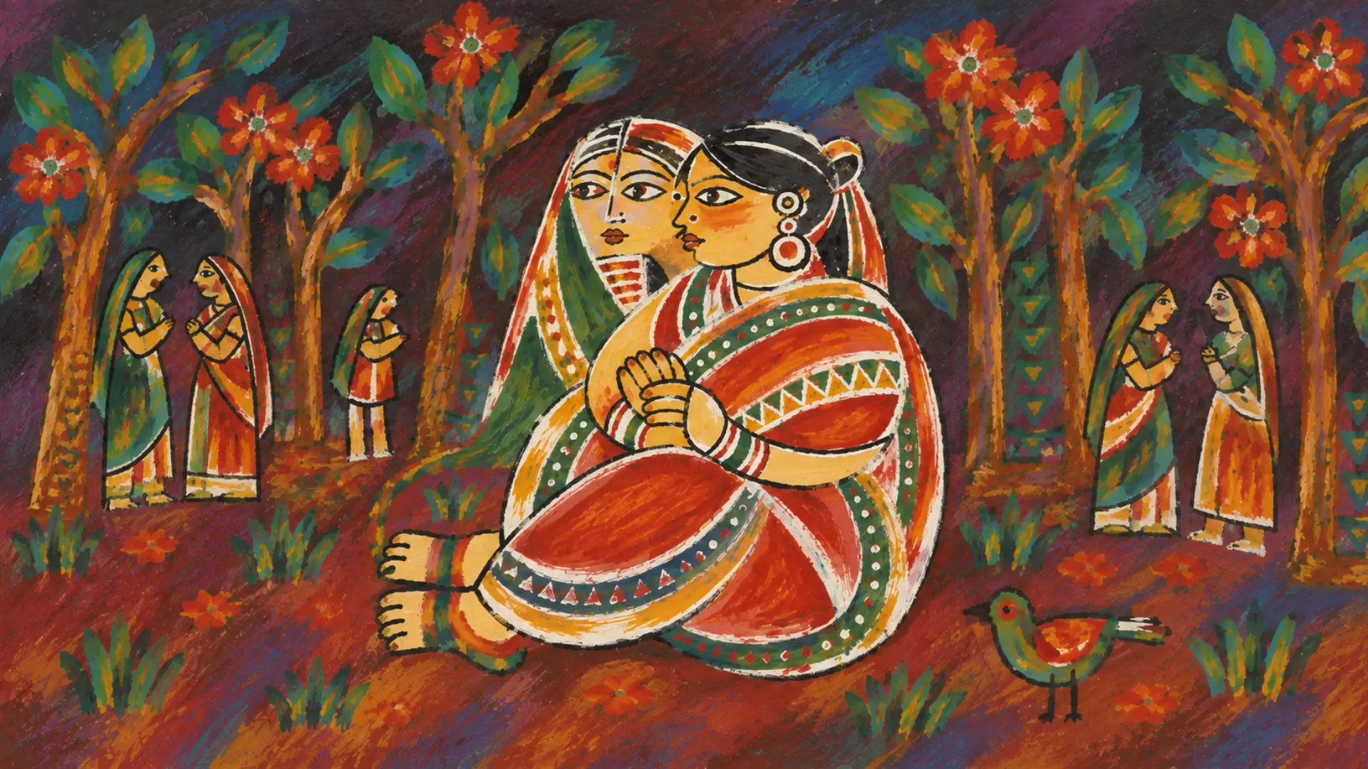 Folk painting of two women seated together in a flowering forest, with village women talking and a bird nearby
