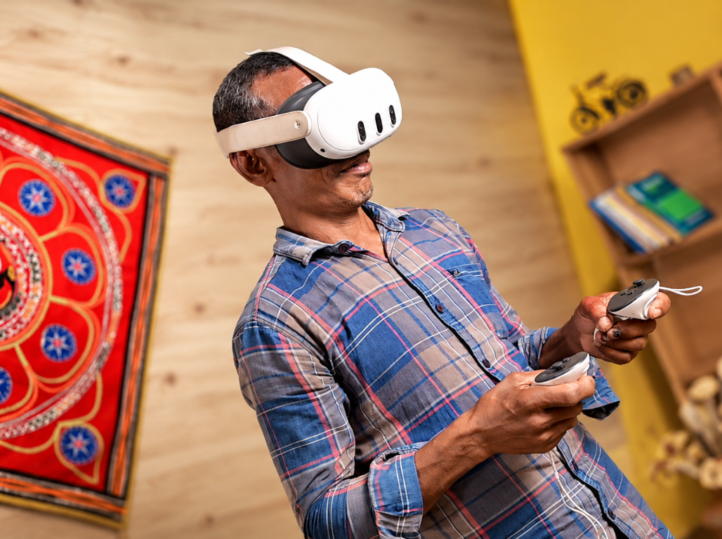 A community member using a virtual-reality headset during a training session