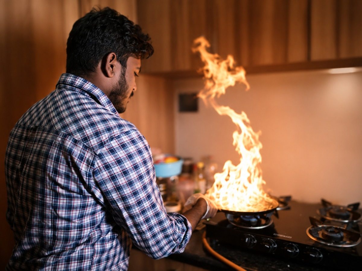 A young cook flambéing a pan over a gas range in a kitchen