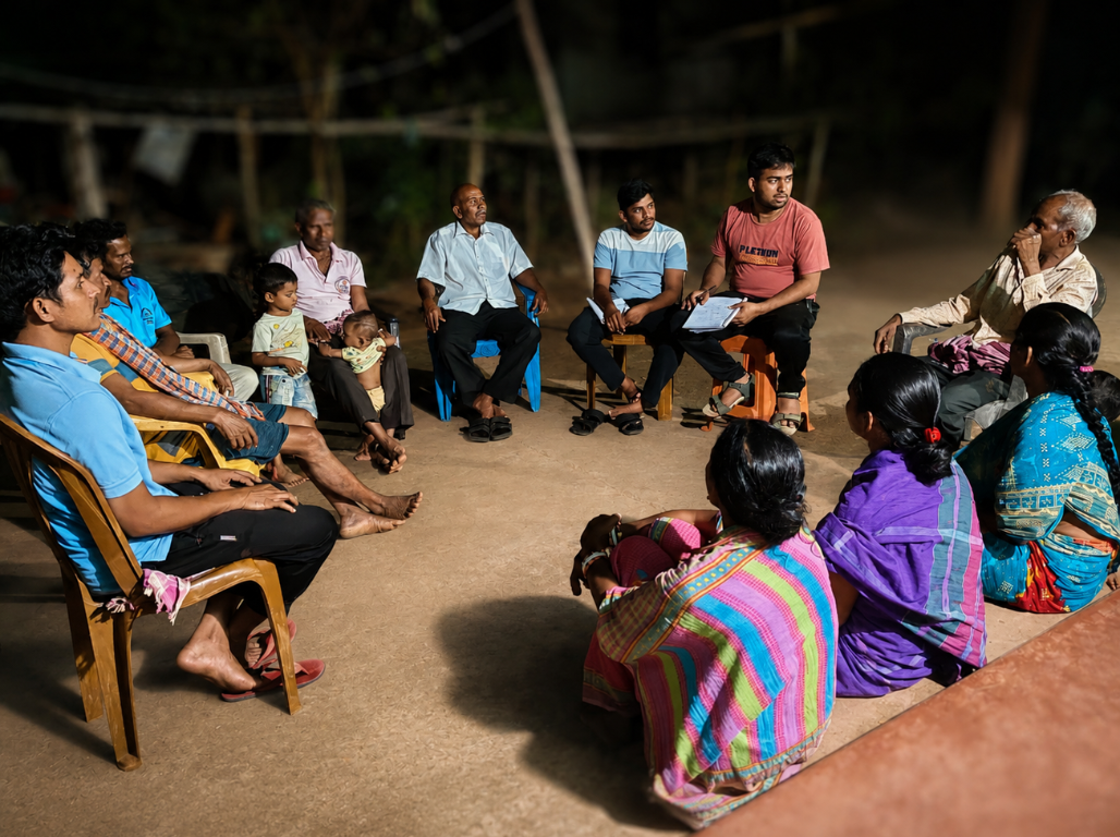 Households seated in a circle at an evening community meeting