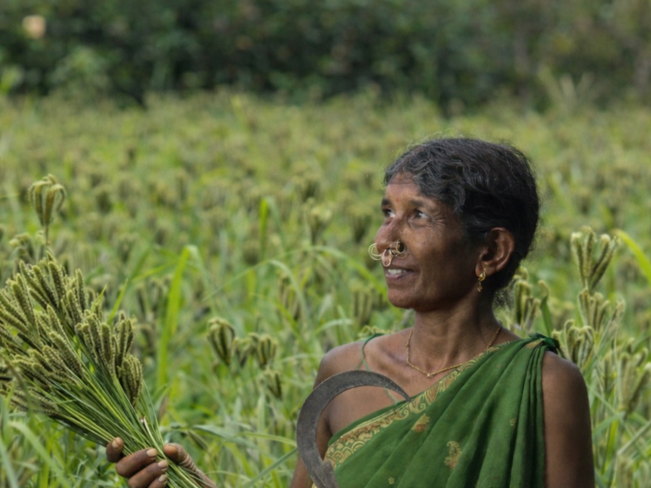about-02 A Nepalese woman sitting on a porch, sorting dried herbs during the day.