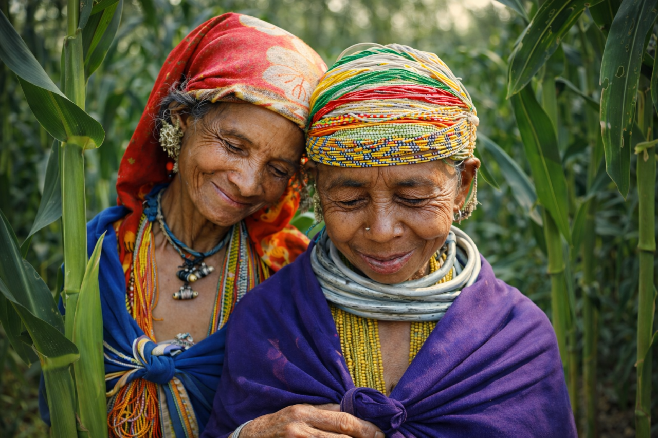 A group of women harvesting crops in a lush field in rural Nagpur, India.